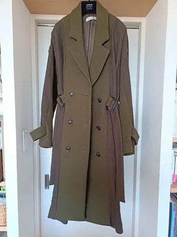 QUWAGI 올리브 그린 더블 브레스트 롱 코트