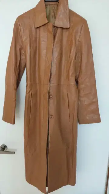 천연 양가죽 브라운 가죽 롱 코트 허리 벨트 포함