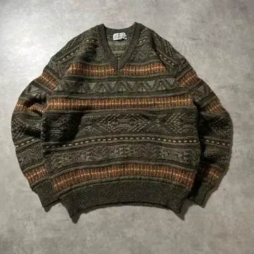 빈티지 그린 기하학 케이블 보더 노르딕 스웨터