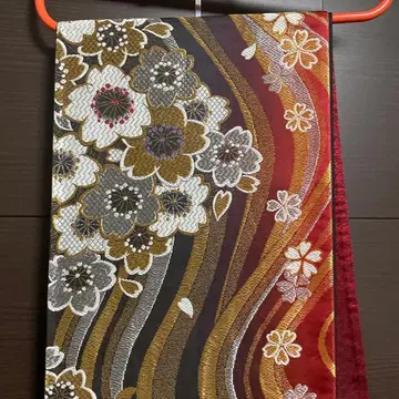 후쿠로 오비 육통 벚꽃 빨간색 블랙 순수 실크 후리소데 성인식