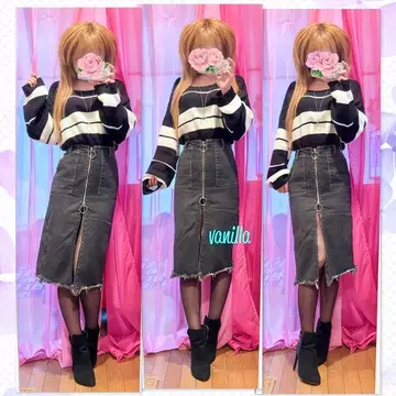 루즈핏 보더 무늬 니트 Zip 슬릿 데님 스커트 캐주얼 코디 세트