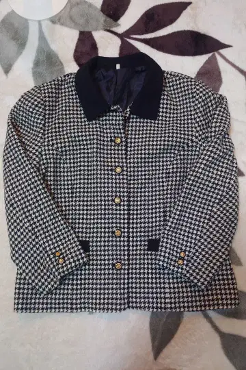 울 74% 자켓 하운드투스 패턴 귀여운 세련된 골드 버튼 빅 사이즈