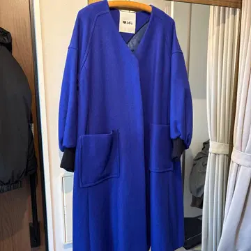 미치 V넥 롱 코트 파란색 포켓 부착