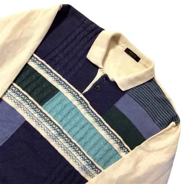 90s 올 패턴 니트 스웨터 크롭 피케 셔츠 멀티 L 빈티지