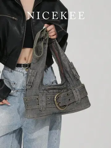 메탈 락 메탈 장식 대용량 출퇴근 데님 메신저 백