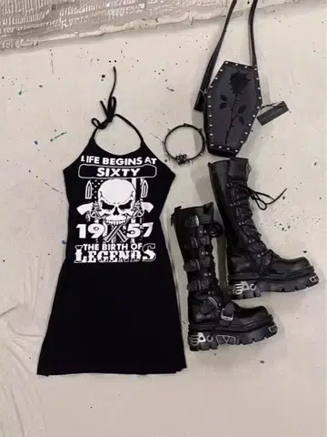 헤이세이 갸루 00s 스컬 프린트 슬리브리스 미니 원피스 Y2K