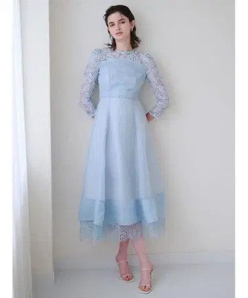 새상품 SNIDEL 볼륨 플레어 레이스 도킹 드레스 블루 원피스