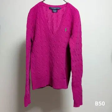 랄프 로렌 스포츠 V넥 퍼플 케이블 니트 램스울 M