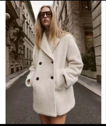 [ 새상품 ] ZARA 부클레 더블 브레스트 미디 기장 코트 에크루 L