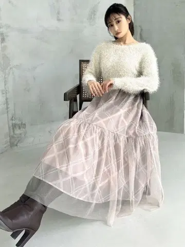 RESEXXY 시어 체크 글리터 플레어 스커트 미사용 새상품