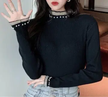 블랙 펄 장식 리브 니트 긴팔