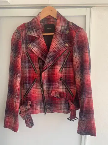 WORLD WIDE LOVE! 체크 무늬 울 혼방 라이더 자켓 빨간색