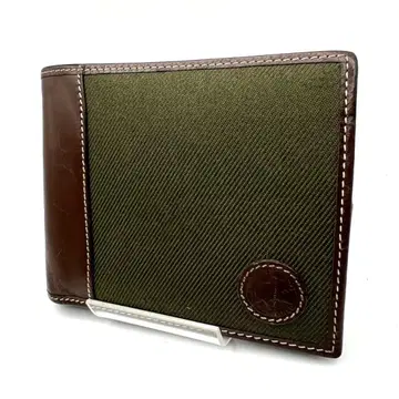 고품질 헌팅월드 남성용 2단 접이식 지갑 캔버스 & 천연 가죽 짙은 녹색