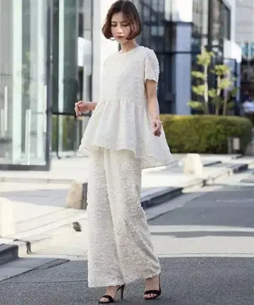 ELFRANK 시어 자카드 티어드 튜닉 블라우스 & 세미 와이드 팬츠