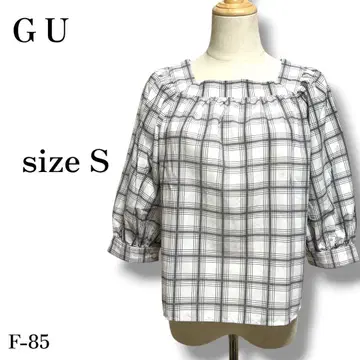 F-085 지유 스퀘어넥 7부 체크 무늬 블라우스 티셔츠