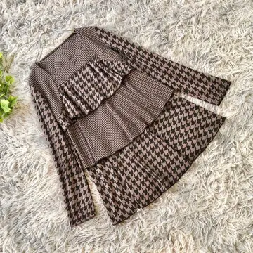 JUNOAH 하운드 투스 패턴 프릴 긴팔 원피스 [ 148-165 ]