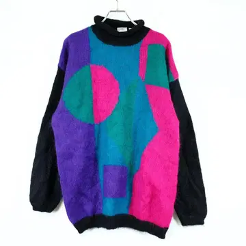 1980s 컬러풀 모헤어 니트 스웨터 추상화 롤넥 레어 유로