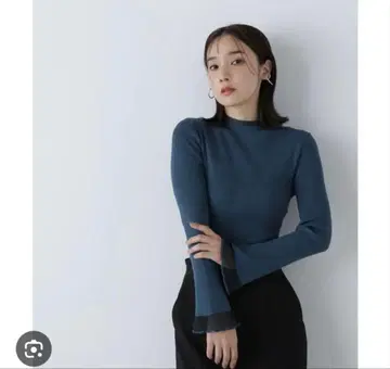 시어 플레어 커프스 리브 니트 딥 그린 내추럴 뷰티 베이직