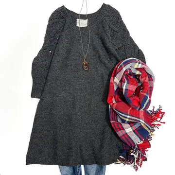 비어즐리 니트 원피스 튜닉 그레이 모 100% 울 시스루 니트