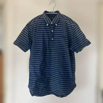 BEAMS JAPAN 네이비 그린 스트라이프 반팔 셔츠