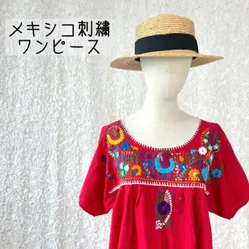 멕시칸 자수 빨간색 원피스 꽃 자수 반팔 롱 빈티지