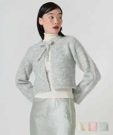TINA: JOJUN 프론트 리본 샤기 니트 가디건 라이트 그레이