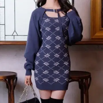 LIPSERVICE 자카드 앙상블 원피스 블루