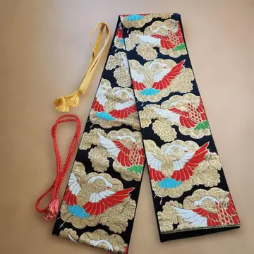 앤티크 폭 24.8cm 올 패턴 후쿠로 오비 학과 구름 자수