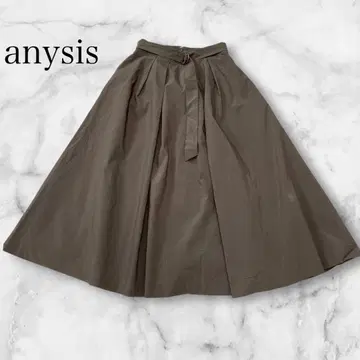 애니시스 플레어 스커트 [M] 무릎 아래 기장 벨트 리본 허리밴딩 카키