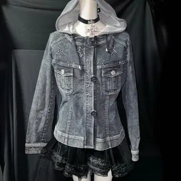 헤이세이 갸루 Y2K 그런지 데님 자켓 별 패턴 후드 부착