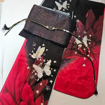 블랙 x 빨간색 x 금채 후리소데 후리소데 단품 가격 재단 완료 상품