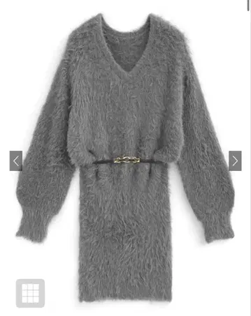 GRL 벨트 포함 샤기 니트 V넥 미니 원피스 [Kz461] 차콜