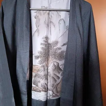 본토 오시마 명주 남성용 오시마 겉옷 다크 네이비 전통 겉옷 산수화 안감