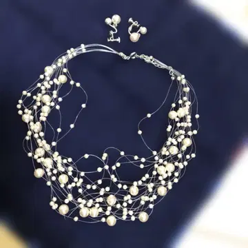 핑크 펄 목걸이와 귀찌 세트