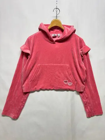 아디다스 벨로아 어깨 프릴 후드티 3라인 XS 핑크