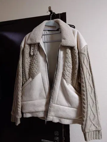 NO ID. 케이블 짜임 자켓 아이보리 블루종 가죽