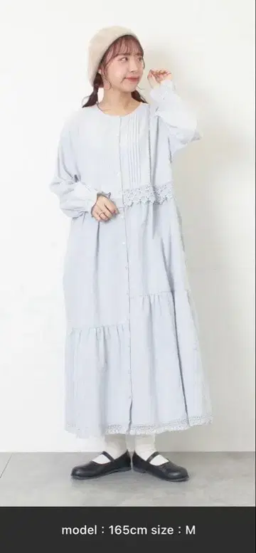 레이스 패치워크 원피스 M 블루