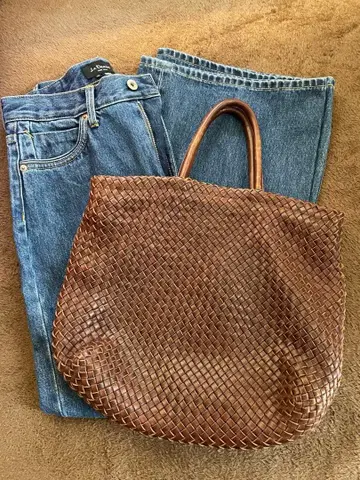 천연 가죽 브라운 뜨개질 토트백