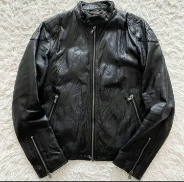 Vanquish 가죽 싱글 라이더 주름 가공 더블 지퍼 블랙