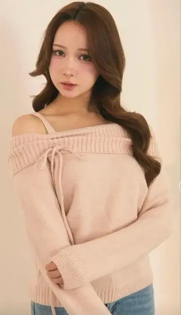 오프숄더 리본 니트탑 핑크