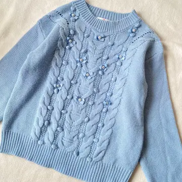 갤러리 비스콘티 케이블 짜임 니트 펄 리본 폼폼 스카이블루 M2