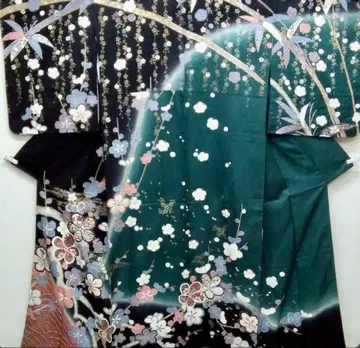 호몬기 짙은 녹색 블랙 투톤 꽃무늬 대나무 무늬 오비 포함 2세트