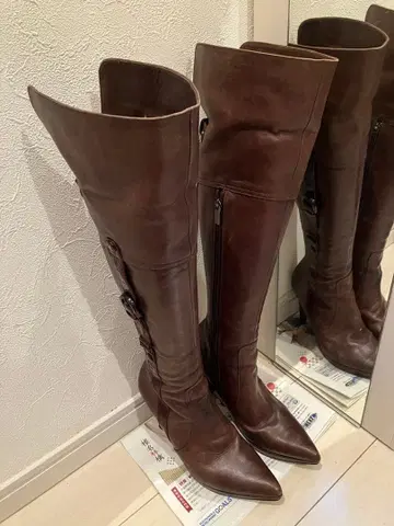 브라운 가죽 니하이 부츠 높은 힐 천연 가죽