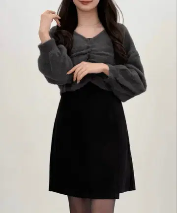 cenea 프론트 개더 샤기 니트 미니 원피스