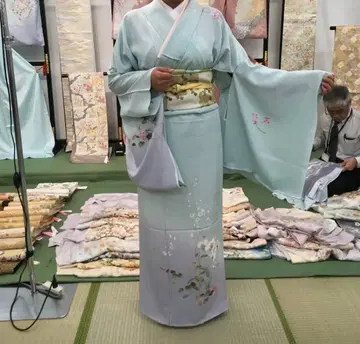 호몬기 스카이블루 연보라 꽃무늬 오비 포함