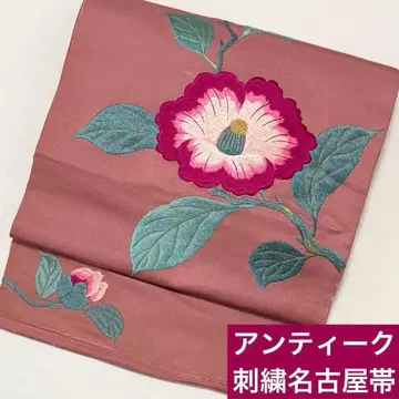 앤티크 동백꽃 패턴 손자수 9촌 나고야 오비 핑크 다이쇼 로망