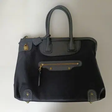 네이비 캔버스 가죽 토트백