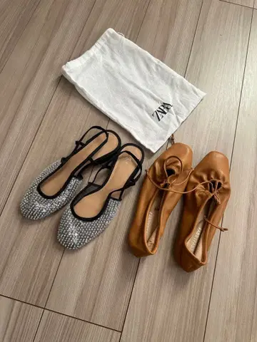 ZARA 실버 슬링백 & 브라운 발레 슈즈 세트