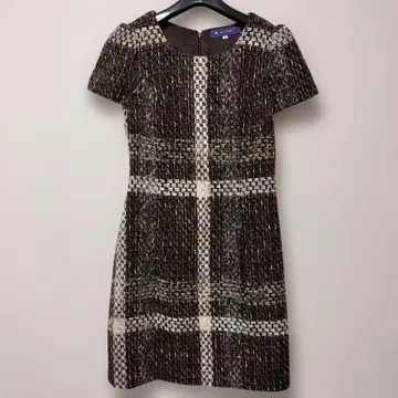 M'S GRACY 브라운 체크 반팔 무릎 기장 원피스 울 트위드