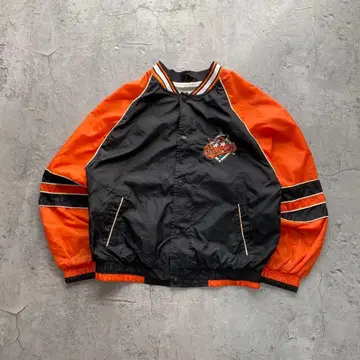 MLB USA 구제 의류 자수 로고 나일론 자켓 바시티 자켓 블랙 오렌지